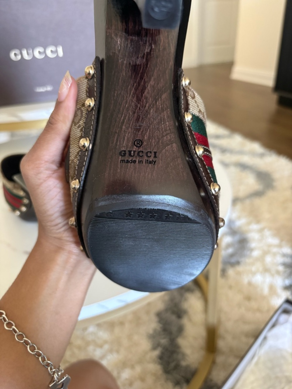 Gucci Brown GG Canvas Wood Platform Slides with Red and Green Web - Picture 7 of 16